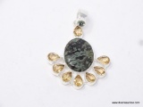 .925 STERLING SILVER RARE GREEN BLACK SEPTARIAN CABOCHON GEMSTONE WITH FACETED CITRINE ACCENTS