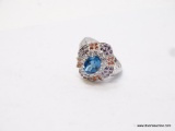 .925 STERLING SILVER AAA TOP QUALITY GORGEOUS DESIGNER RING, OVAL FACETED SWISS BLUE TOPAZ CENTER