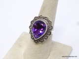.925 STERLING SILVER GORGEOUS FACETED PEAR SHAPE DETAILED AFRICAN DARK AMETHYST RING, SIZE 7.5,