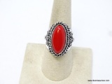 .925 STERLING SILVER AMAZING LARGE DETAILED RED CORAL CABOCHON RING, SIZE 8.5, RETAILS FOR $89.00