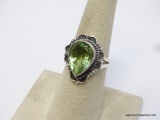 .925 STERLING SILVER PRETTY PEAR SHAPED DETAILED FACETED GREEN AMETHYST RING, SIZE 7, RETAIL $59.00