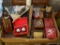 (DR) LOT OF ITEMS IN CARDBOARD FLAT, INCLUDING BROWN MUG TOOTHPICK HOLDERS, SMALL POTTERY PIECES,