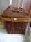 (SR) WICKER PICNIC BASKET WITH CONTENTS: CUPS, PLATES, PLACE MAT, ETC.