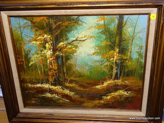 (GR) FRAMED OIL ON CANVAS OF A FOREST SCENE IN PINE FINISH SHADOW BOX FRAME: 27.5"X24"