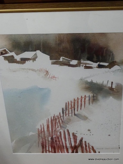 (GR) FRAMED AND MATTED WATERCOLOR OF A SNOW SCENE BY POLLY KINGINGER. IN GOLD TONED FRAME: 15"X19"
