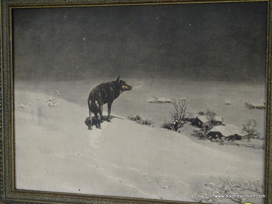 (GR) FRAMED PRINT OF A WOLF WALKING IN THE SNOW BY A VILLAGE: 13"X10"