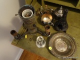 (FOY) LOT OF SILVER PLATED ITEMS INCLUDING ANTIQUE LIGHT FIXTURE, MEXICAN CHIMINEA BURNER,