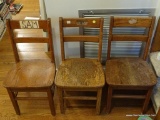 (DR) SET OF 3 WOODEN CHILDREN'S CHAIRS, SOME WEAR ON FINISH, WOULD MAKE GREAT PROJECT PIECES, STURDY
