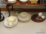 (DR) LOT OF ASSORTED DISHWARE, INCLUDING 7 EACH OF PLATES AND SAUCERS FROM EKCO ETERNA CAMELOT