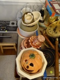 (DR)LOT OF ITEMS ON CARD TABLE INCLUDING COPPER RAMEKINS/CAKE PANS, HALLOWEEN DECOR, 2 PCS OF HAEGER