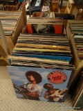 (DR) CARDBOARD BOX LOT OF LP RECORDS, OVER 80 SELECTIONS INCLUDING BARRY WHITE, SANTANA, DISCO HITS,
