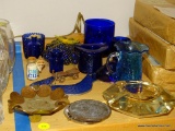 (DR) LOT OF SMALL BLUE GLASS ITEMS INCLUDING MARBLES, SHOT GLASS, CANDLE HOLDERS AND LARGE CLEAR