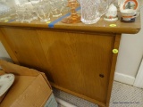 (DR) MID-CENTURY MODERN CABINET WITH 4 LEGS, SLIDING PANEL FRONT DOORS, INTERIOR SHELF, LIGHT WOOD,