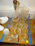 (DR) LOT OF GLASSWARE INCLUDING DECANTERS, VASE, SMALL PLATES/ASHTRAYS, CANDLE HOLDERS, PERFUME