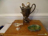 (DR) LOT CONSISTING OF A SILVER PLATE GRAVY BOAT, A DIVIDED NUT DISH, A DOUBLE HANDLED COFFEE