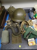 (GR) WWII AND POST WWII LOT: GAS MASK WITH CANNISTER, CANTEEN, A 27TH ARMORED DIVISION HELMET, AND