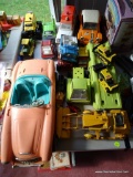 (SR) TABLE LOT CONSISTING OF: A MARX TOY TRUCK, A VINTAGE BARBIE CAR, AN ALLIS-CHALMERS DIECAST