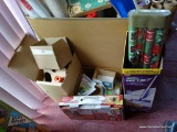 (SR) LOT TO INCLUDE A SUITCASE, A CORDLESS SWIVEL SWEEPER, BOX LOT OF WRAPPING PAPER, ETC. DOES NOT