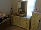 (UBR2) BASSETT DRESSER WITH MIRROR, IVORY WITH WHITE AND BRASS TONE DRAWER PULLS AND BROWN ENGRAVED