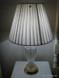 (UBR2) TABLE LAMP, CUT GLASS ON GOLD TONE BASE WITH SHIRRED WHITE LAMPSHADE, EACH IS 29