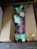 (GAR) BOX FILLED WITH EASTER THEMED DECORATIONS: EGG HOLDERS, STUFFED RABBITS, ETC.