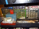 (GAR) SHELF LOT: 3 STORAGE CONTAINERS WITH SCREWS AND BOLTS, TOOL TRAY WITH RAZOR KNIVES, GRILLING