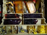 (GAR) MEDIUM SIZED PLANO TACKLE BOX WITH LOTS OF UNUSED WORMS, WEIGHTS, AND OTHER VARIOUS LURES