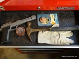 (GAR) CONTENTS OF #593: HAMMER, HOT GLUE GUN, LEVEL, WRENCHES, HACK SAW, TIRE IRON, ETC.