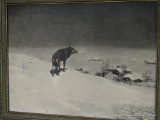 (GR) FRAMED PRINT OF A WOLF WALKING IN THE SNOW BY A VILLAGE: 13