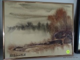 (GR) FRAMED WATERCOLOR PAINTING OF A WATERSIDE SCENE BY RICHARD VANCE CLARK IN COPPER TONED FRAME: