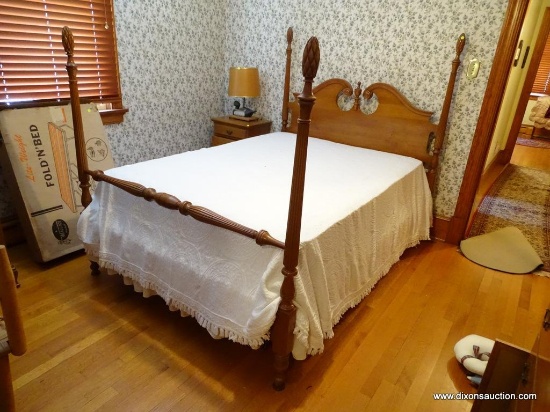 (BR1) BED; FULL SIZE MAPLE HEADBOARD AND FOOTBOARD WITH WOODEN RAILS, REEDED COLUMNS AND PINE CONE