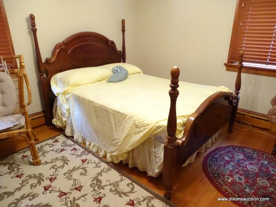 (BR2) BED; FULL SIZE MAHOGANY HEADBOARD AND FOOTBOARD WITH WOODEN RAILS AND REEDED COLUMN POSTS: