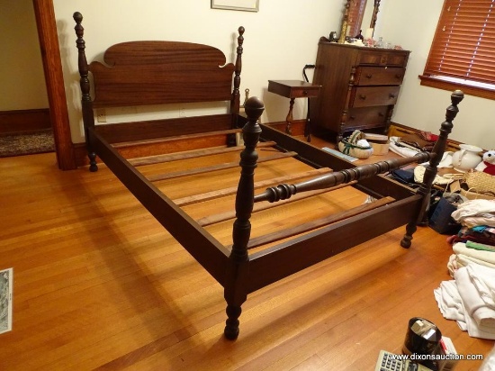 (BR3) BED; ANTIQUE FULL SIZE MAHOGANY HEADBOARD AND FOOTBOARD WITH WOODEN RAILS AND CANNONBALL BED