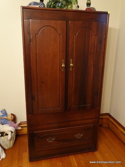 (BR3) WARDROBE; MAHOGANY 2 DOOR OVER 1 DRAWER WARDROBE CABINET WITH BRASS CHIPPENDALE PULLS ON THE