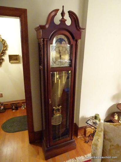 (LR) GRANDFATHER CLOCK; VINTAGE RIDGEWAY MAHOGANY GRANDFATHER CLOCK WITH BRASS FACE, WEIGHTS,