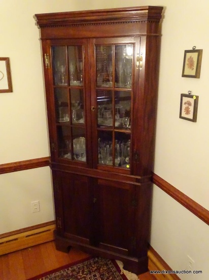 (DR) VINTAGE CORNER CABINET; CIRCA 1968 CRAFTIQUE SOLID MAHOGANY WITH ORIGINAL BRASS HARDWARE AS