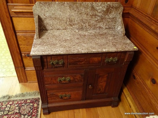 (BN) WASHSTAND; ANTIQUE VICTORIAN EASTLAKE MARBLE TOP WASHSTAND WITH 1 DRAWER OVER 1 DOOR AND 2