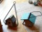 (BN) PAIR OF WOODEN BIRDHOUSES; GREY WITH DARK BLUE AND GREEN. EACH IS ABOUT 6