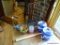 (STU) ASSORTED LOT: BLUE AND WHITE CANISTERS, SMALL PLANTERS, 3 BOTTLE WINE HOLDER