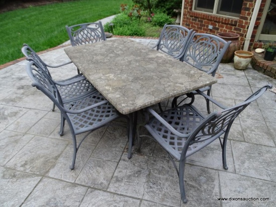 (P) STONE-TOP PATIO SET WITH 6 POWDER-COATED ALUMINUM LATTICE-BACK AND SEAT ARMCHAIRS; CRACKLE