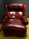 (B) HANCOCK & MOORE LEATHER RECLINER; WINE COLORED LEATHER WITH ROLLED ARMS AND BRASS NAILHEAD TRIM