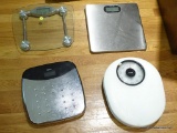 (LR, FL) LOT OF BATHROOM SCALES, 3 DIGITAL, FROM MAKERS SUCH AS TAYLOR, KRUPS, AND THINNER. ALL WORK