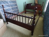 (BR2) VINTAGE QUEEN BED; WARM CHERRY HEADBOARD AND FOOTBOARD, FEDERAL STYLE WITH 4 BALL POSTS,