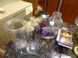 (K) GLASS DECOR LOT; INCLUDES WINE CHILLER, CANDLE GLOBE, SEVERAL BOTTLES WITH FLOWERS INSIDE FOR