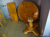 (BR1) ROUND PEDESTAL TABLE; 4 FOOTED ORNATELY CARVED PEDESTAL, INLAY PATTERN ON TOP. MADE OF LIGHT