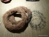 (UP) WREATH LOT; 2 GRAPEVINE WREATHS READY TO DECORATE AS WELL AS 3 GREEN WIRE FRAMES. CRAFTER'S