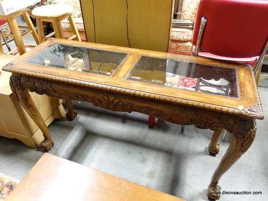 (R5) CARVED MAHOGANY CHIPPENDALE BALL AND CLAW SOFA TABLE WITH TWO BEVELED GLASS INSERTS ON THE TOP.