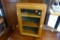 (R1) SMALL 3 SHELF WOODEN GLASS FRONT CABINET; HAS NOTE ON BACK THAT TELLS A BIT OF ITS HISTORY,