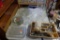 (BACK) ASSORTED LOT OF GLASSWARE: PLATES, DIVIDED PLATTERS, PAIR OF CANDLESTICK HOLDERS, CAKE PLATE,