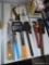 (BACK) NAIL SNIPS, FISKARS HATCHET, LARGE BOWIE KNIFE, CURVED KNIFE, PIPE WRENCH, ETC